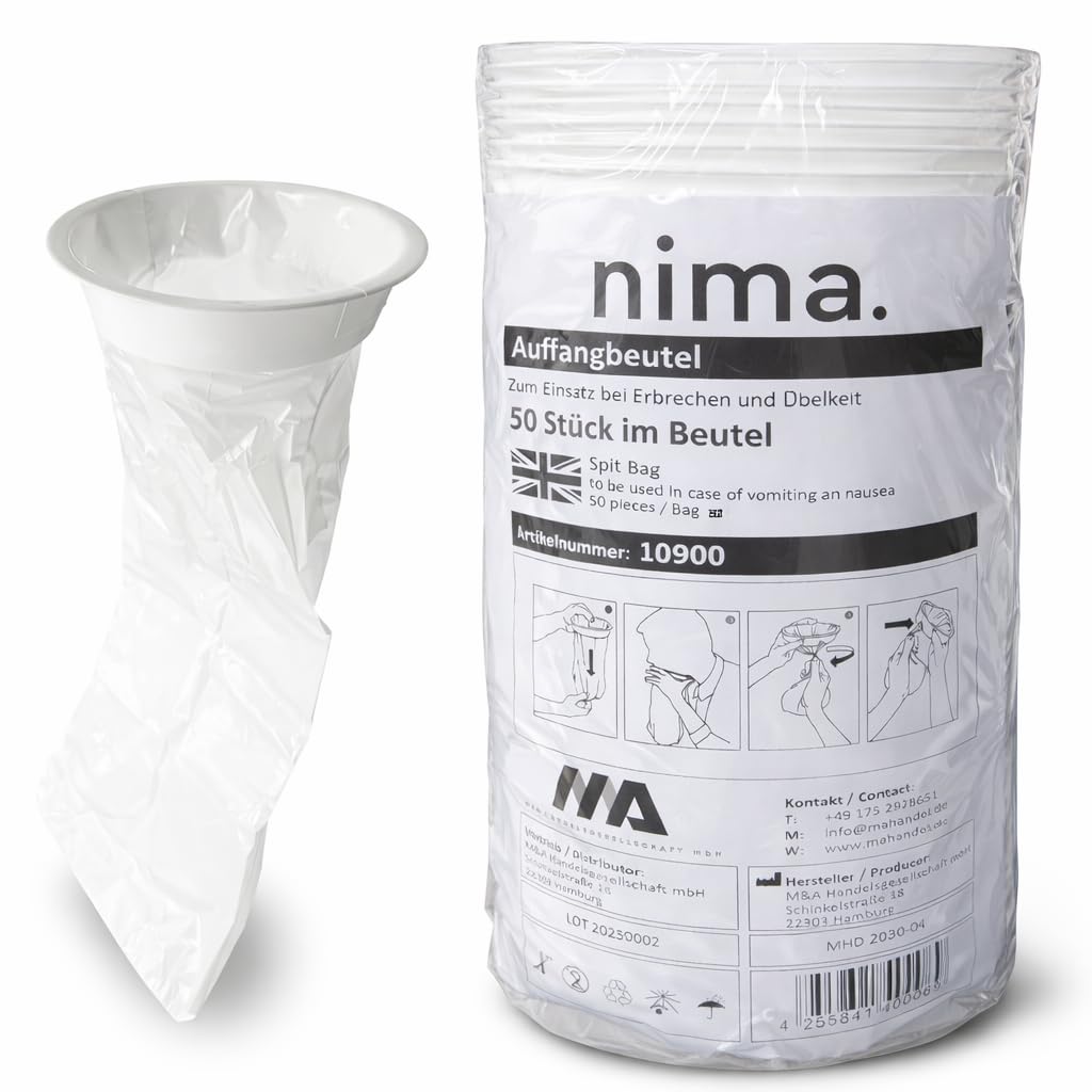 Lot de 50 sacs à cracher avec embout buccal – Sac de biche – Sacs à vomi et sacs de récupération (1000 ml) | Sacs jetables pour enfants et adultes | Nausées, grossesse, trajet en voiture, avion, mal