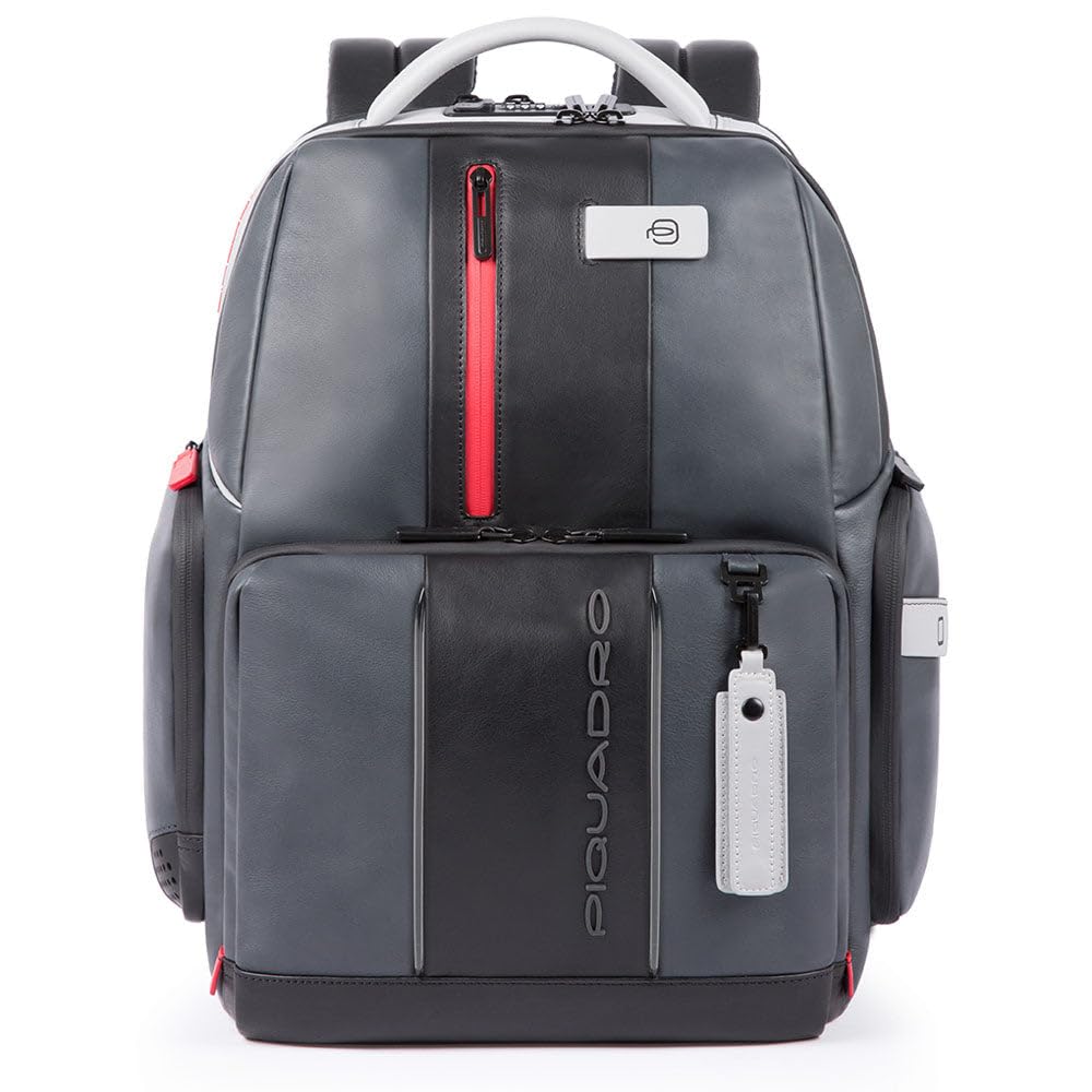PIQUADRO - Zaino Porta PC 15,6" con LED - in Pelle - Uomo - Grigio Nero | Luce integrata, Spallacci imbottiti, Vani organizzati, Ufficio, Uso quotidiano