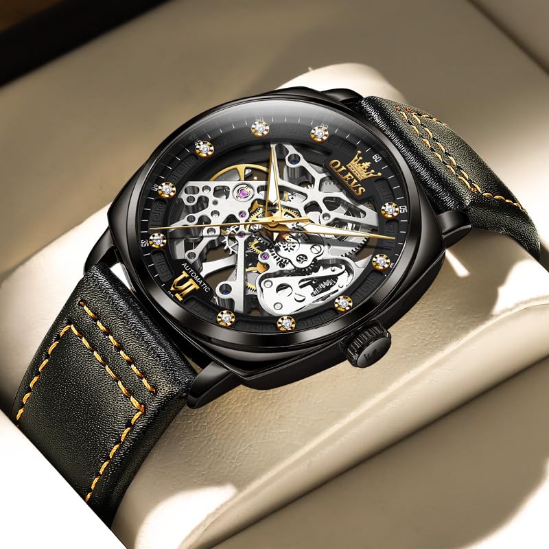 Image of OUPINKE Mens Watches Automatic Skeleton Mechanical Watches for Men Self Winding Luxury Fashion Leather Strap Steampunk Style Luminous Waterproof Men Wrist Watches