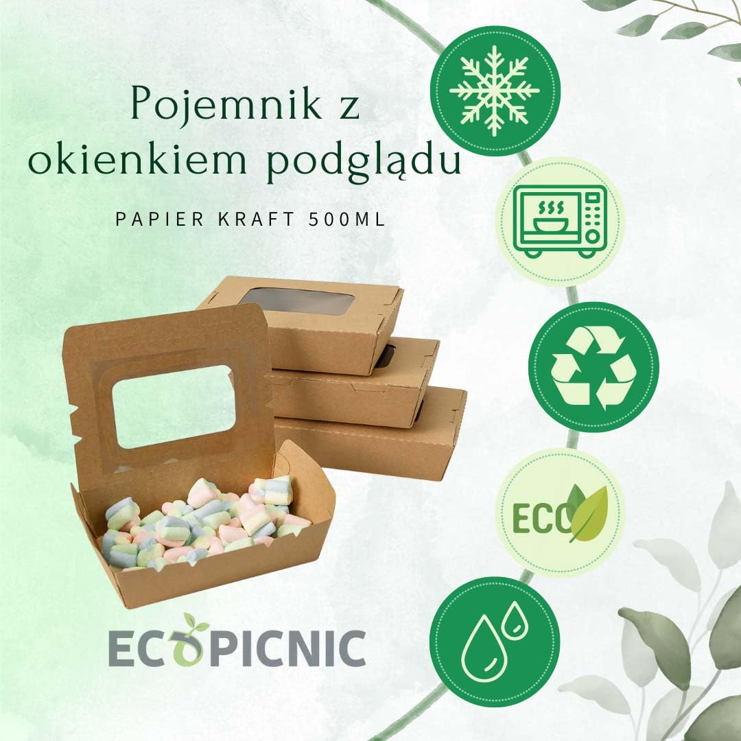 200 sztuk Kraftowych Pudełek Śniadaniowych z Przezroczystym Wieczkiem z Okienkiem 500 ml | Jednorazowe Pojemniki na Żywność do Sałatek, Przekąsek, Lunchu, Ekologiczne Opakowanie