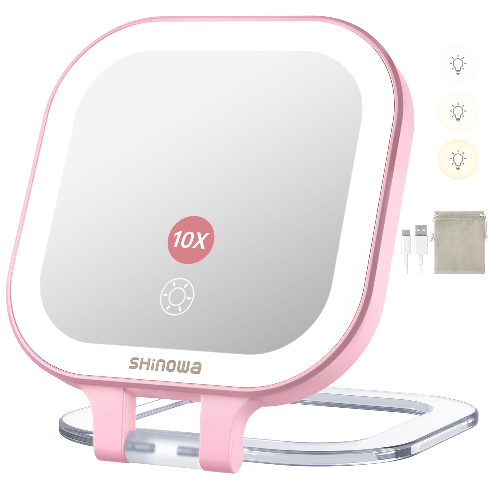 Shinowa Rechargeable Travel Makeup Mirror with 44 LED Lights, 1X/30X Magnifying Vanity Mirror with 3 Color Light, Folding Stand, 4 Inch Portable