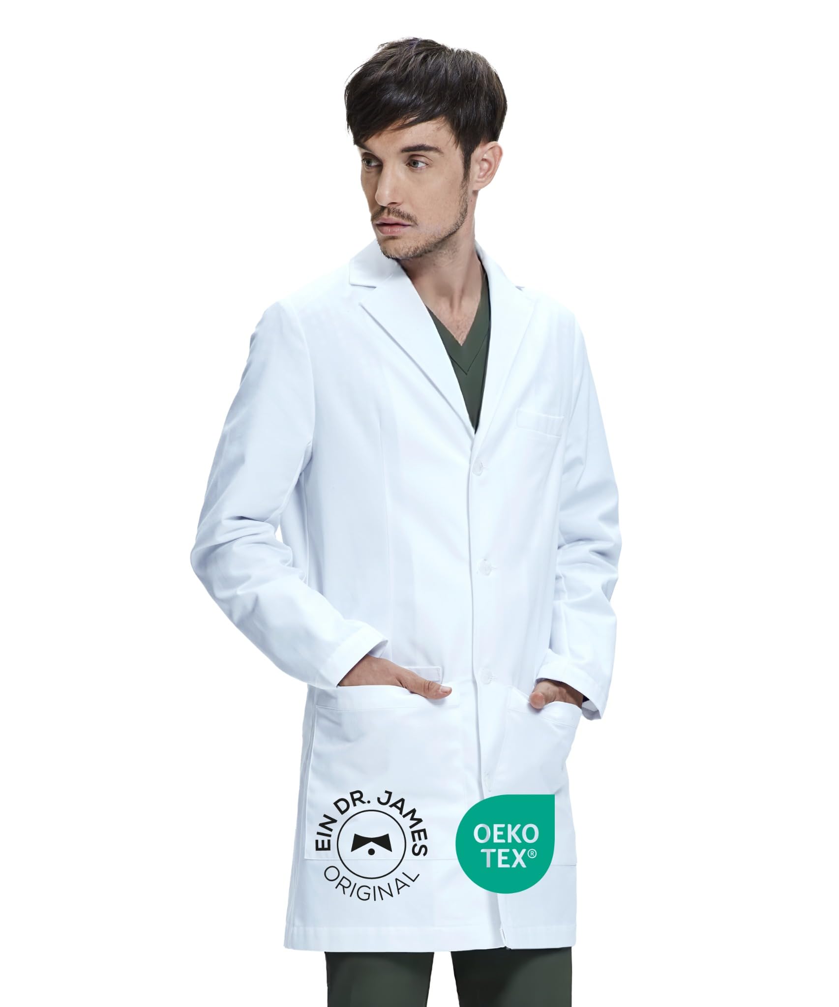 Dr. James Laborkittel Herren 100% Baumwolle, OEKO-TEX Zertifiziert, Smartphone- & Tablet-Taschen, Klassischer Knopfverschluss, Slim Fit, Professioneller Arztkittel für Klinik & Labor