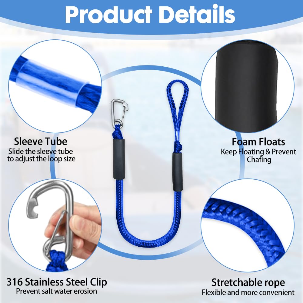 2 Pcs Cavi per Ormeggio per Barche, Bungee Dock Line con Gancio, cravatta elastica in barca, Barche per bungee corde accessori barca per Barche, Moto d'Acqua, Kayak, Pontone, Canoa(Blu)