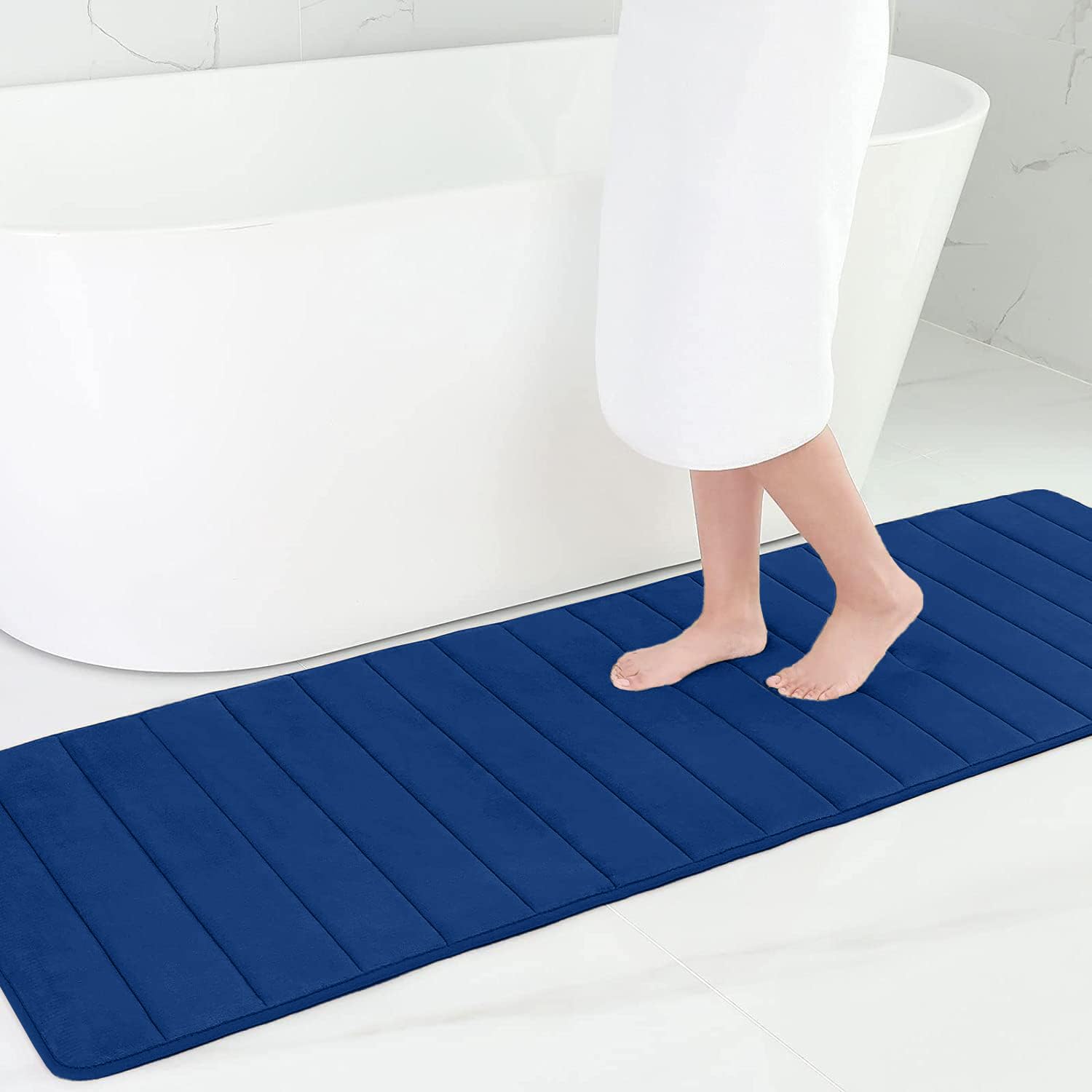smiry Memory Foam Bath Mat, 60 x 180 cm, Extra Soft Large Bathroom Mat Runner, Super Absorbent Non-Slip Bath Mats for Bathroom Floor Long Machine-Washable Dry Bath Rug Foot Mat, Navy Blue