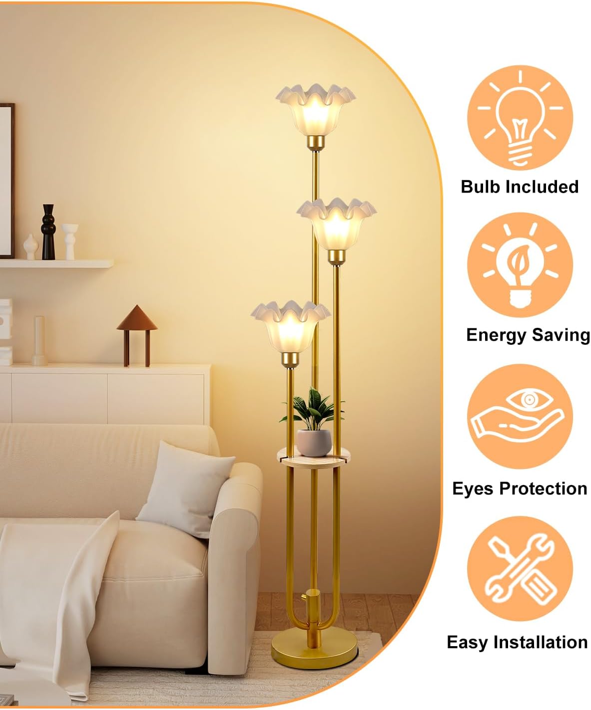 Lightdot Flower Floor Lamp for Living Room, Dimmable Vintage Floor Lamp with Shelf& Bulbs Included, 3 Light Warmwhite Mid Century Gold Floral Standing Tall Lamp for Bedroom/Sofa Beside/Corner Decor