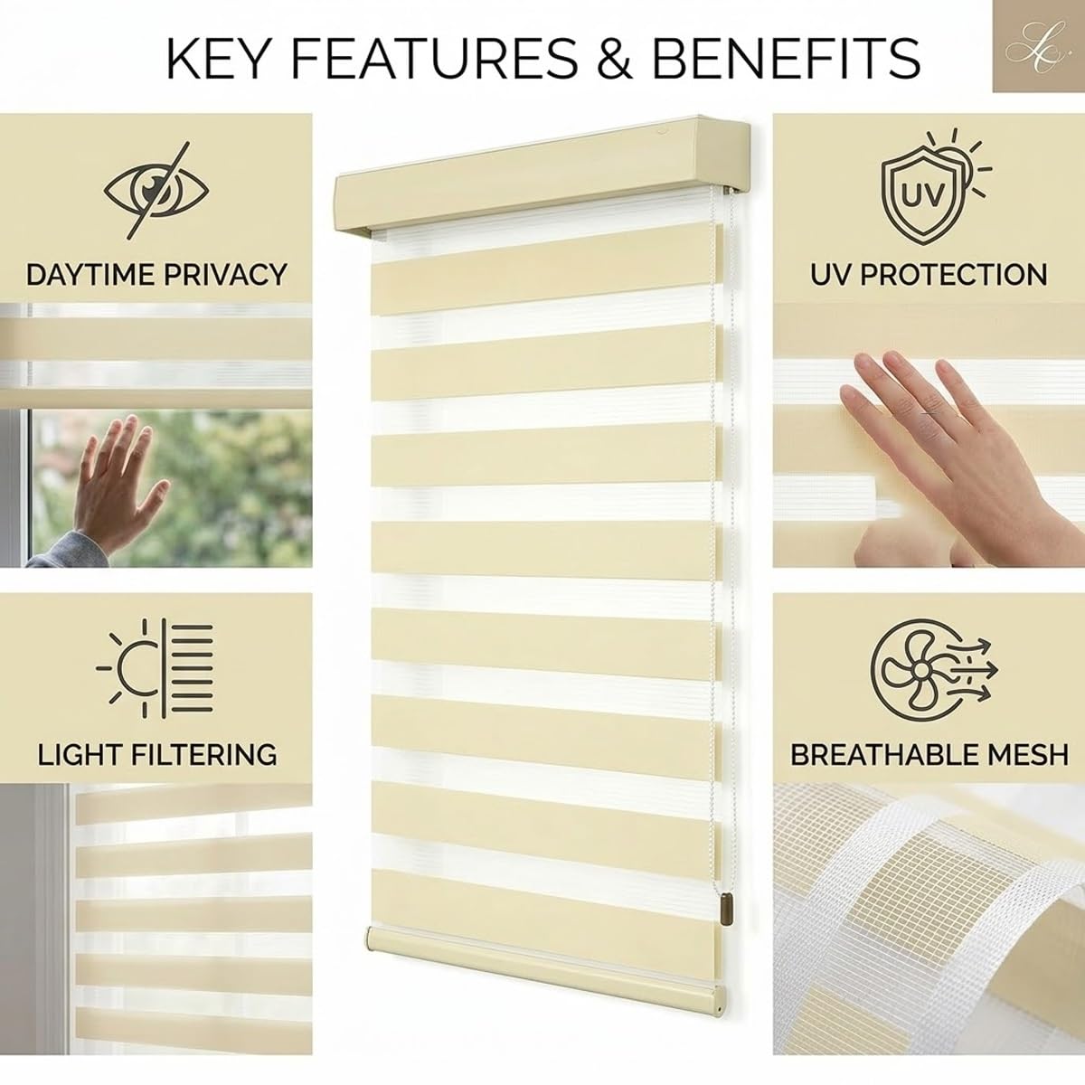 Tende a Rullo Giorno e Notte Doppio Strato a Strisce, Tenda Zebra | Traslucida Manuale per Finestre Cameretta e Bagno, Installazione Fissa con Fori(Black,130W x 80H cm)