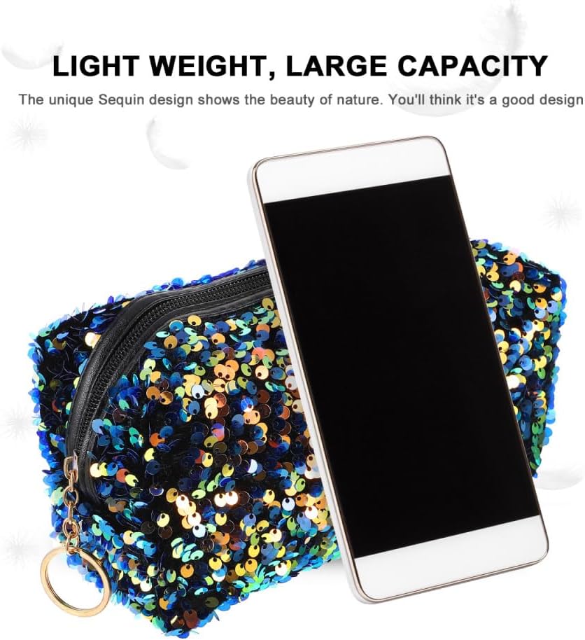 KESYOO Glitter Sequin Cosmetic Bag, Portable Travel Makeup Bag, Lightweight Large Capacity Toiletry Organizer for Women and Girls, Sparkly Square Storage Pouch for Cosmetics and Accessories (Blue) - Image 5