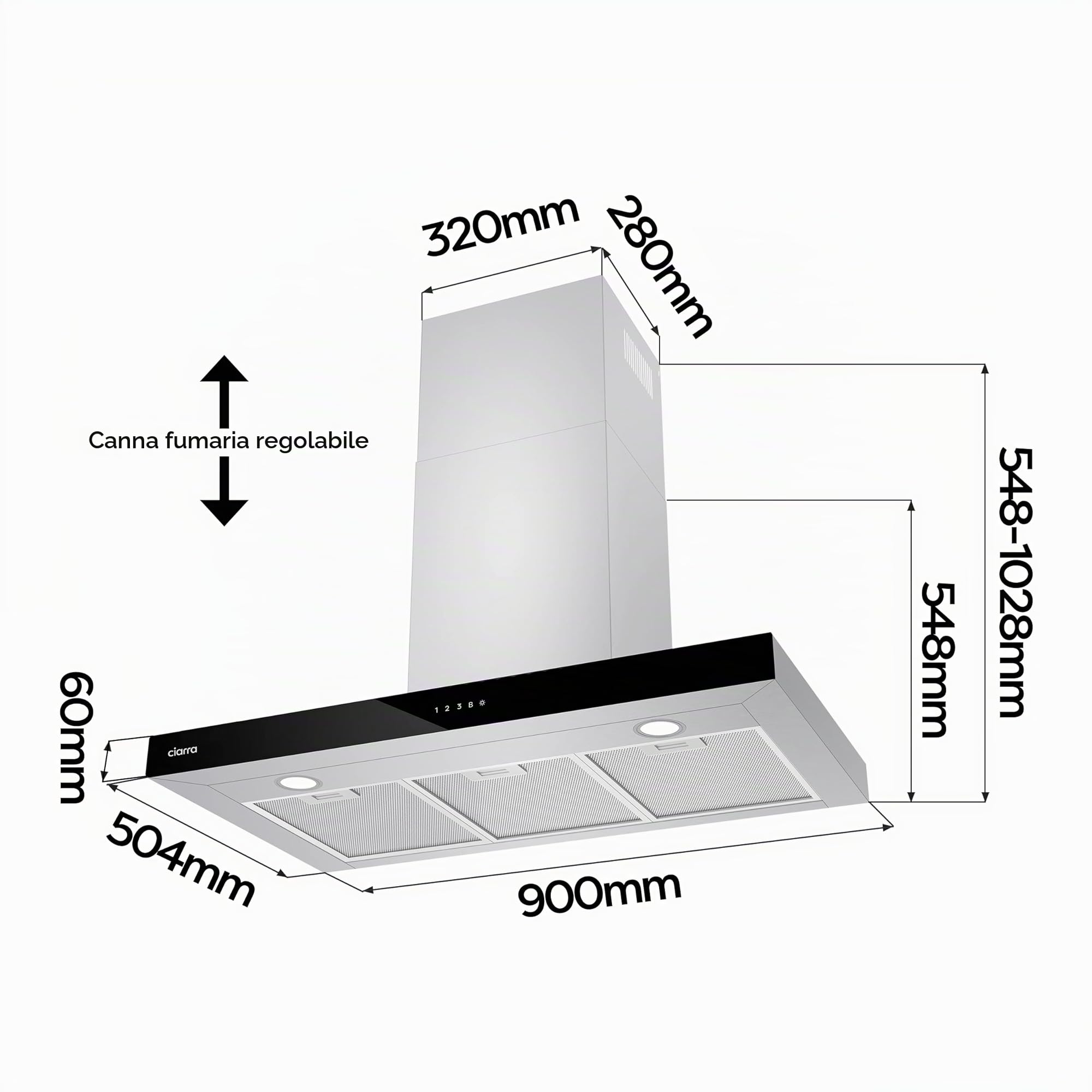 CIARRA CBCS9102 Classe A+++ Cappa Aspirante 90 cm - 650m³/h -Controllo Touch & WiFi - 4 Velocità con Booster - Filtro a Carbone CBCF003 Incluso