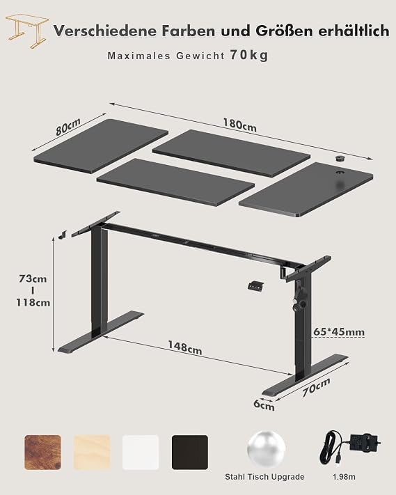 Devoko Height-Adjustable Desk Electric Desk Height-Adjustable Table Standing Seat Office Table Computer Desk with Memory Function Standing Desk Office Table 180 x 80 cm Black