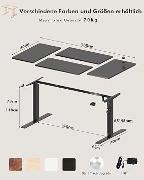 Devoko Height-Adjustable Desk Electric Desk Height-Adjustable Table Standing Seat Office Table Computer Desk with Memory Function Standing Desk Office Table 180 x 80 cm Black