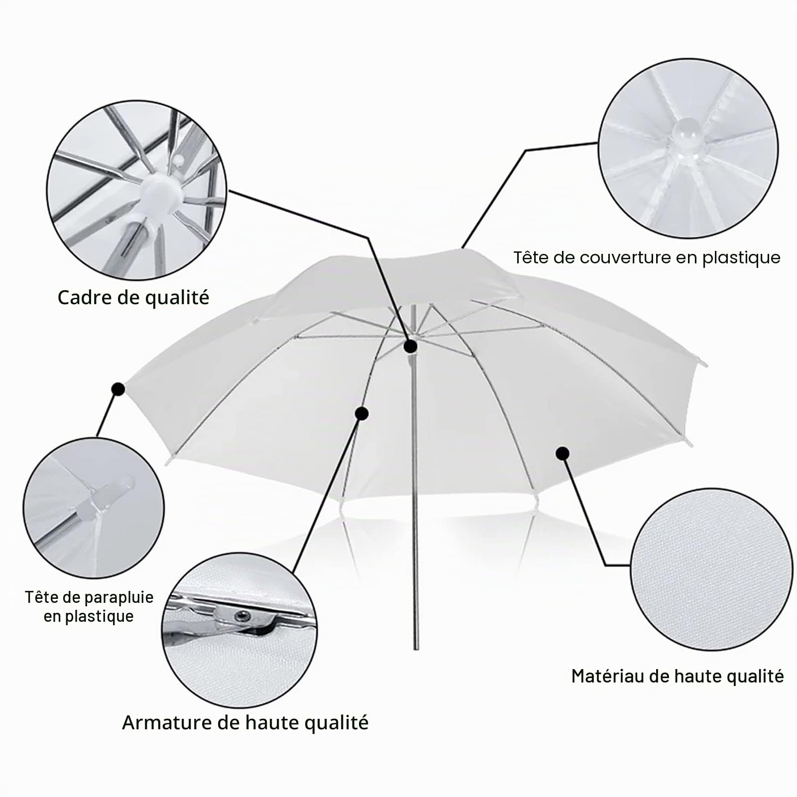 Andoer Kit parapluie de photographie de studio avec parapluies blancs de 33 pouces * 2 supports pour trépied en métal de 2 m * 2 prises de lumière + E27 * 2 pour la diffusion en direct de photographie