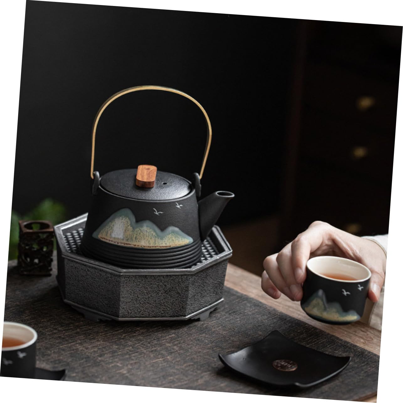 Cabilock Tetera de Cerámica Pintada a Mano Negra Asa Fría para Preparar Té en Casa o Sala de Té Profesional, Diseño Creativo Infusionar