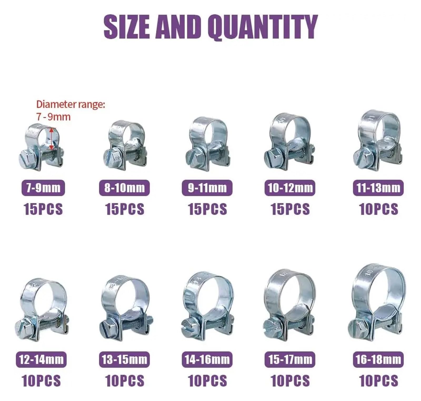 Kit surtido de 120 abrazaderas de manguera de acero al carbono galvanizado de 7 mm a 18 mm (10 tamaños) for tubería de gasolina.
