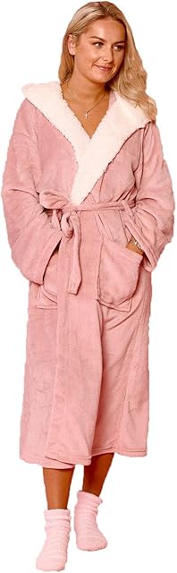 Sienna Long Dressing Gown with Hood for Men Fluffy Sherpa Lined Luxury Super Soft Flannel Plush Fleece Comfy Hoodie Cosy Bathrobe Unisex