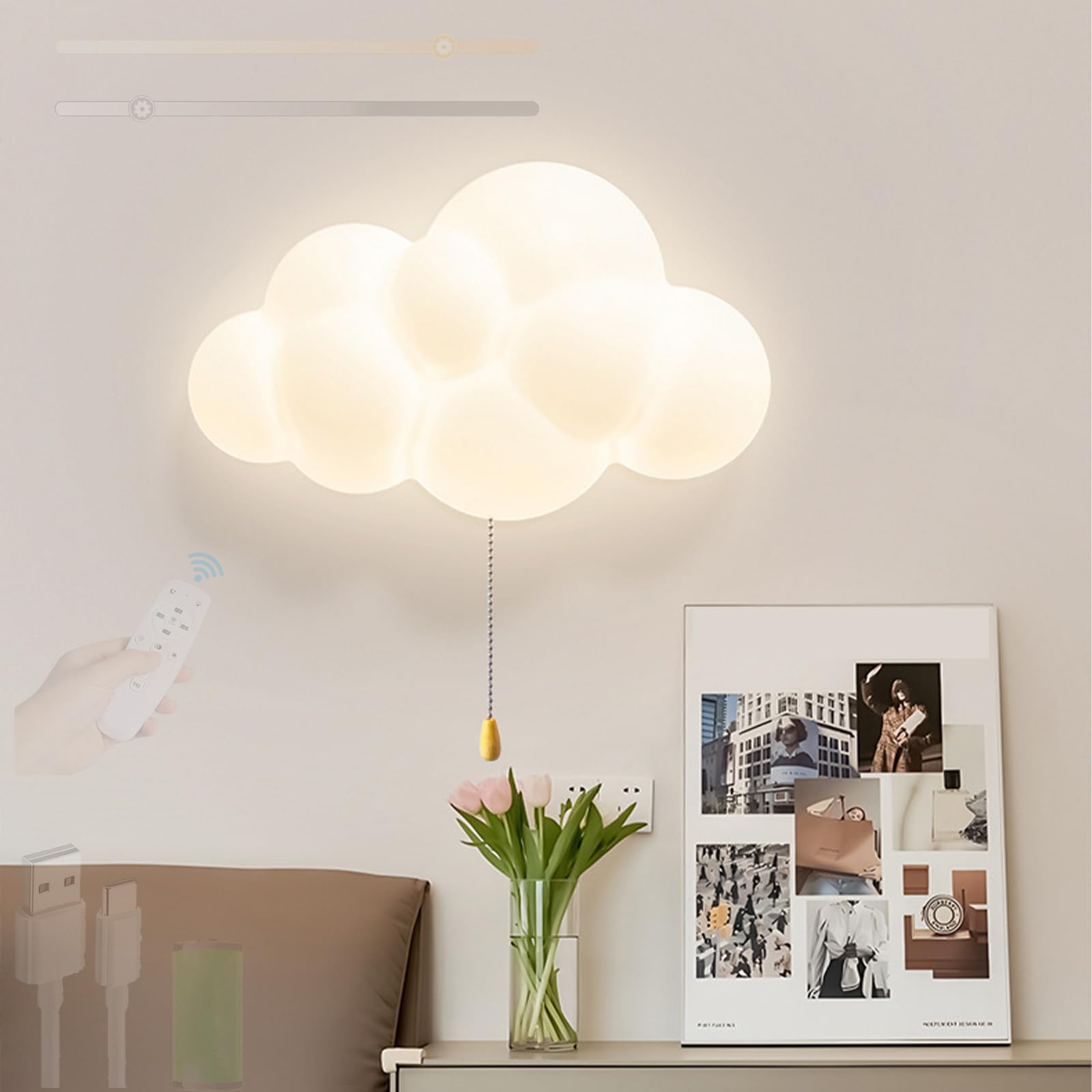 Iluminación funciona con pilas USB recargable y aplique LED regulable para cabecera 8