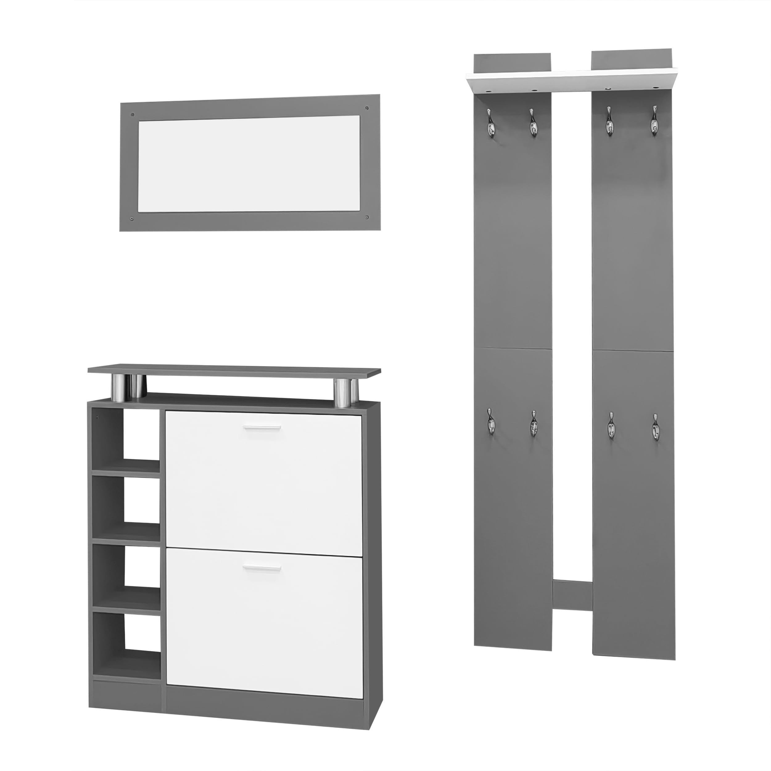 Perchero de pared 80 x 25 x 96,5 cm con espejo – Incluye 2 paneles de pared, estantería y zapatero – Cuerpo gris antracita mate – para pasillo como perchero y soporte de secado