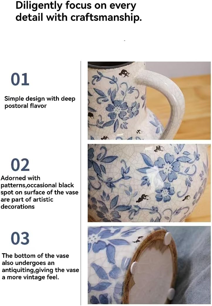 Decorative 10 inch Ceramic Flower Vase, Blue and White Floral Pattern, Crackle Glaze Finish - Image 7