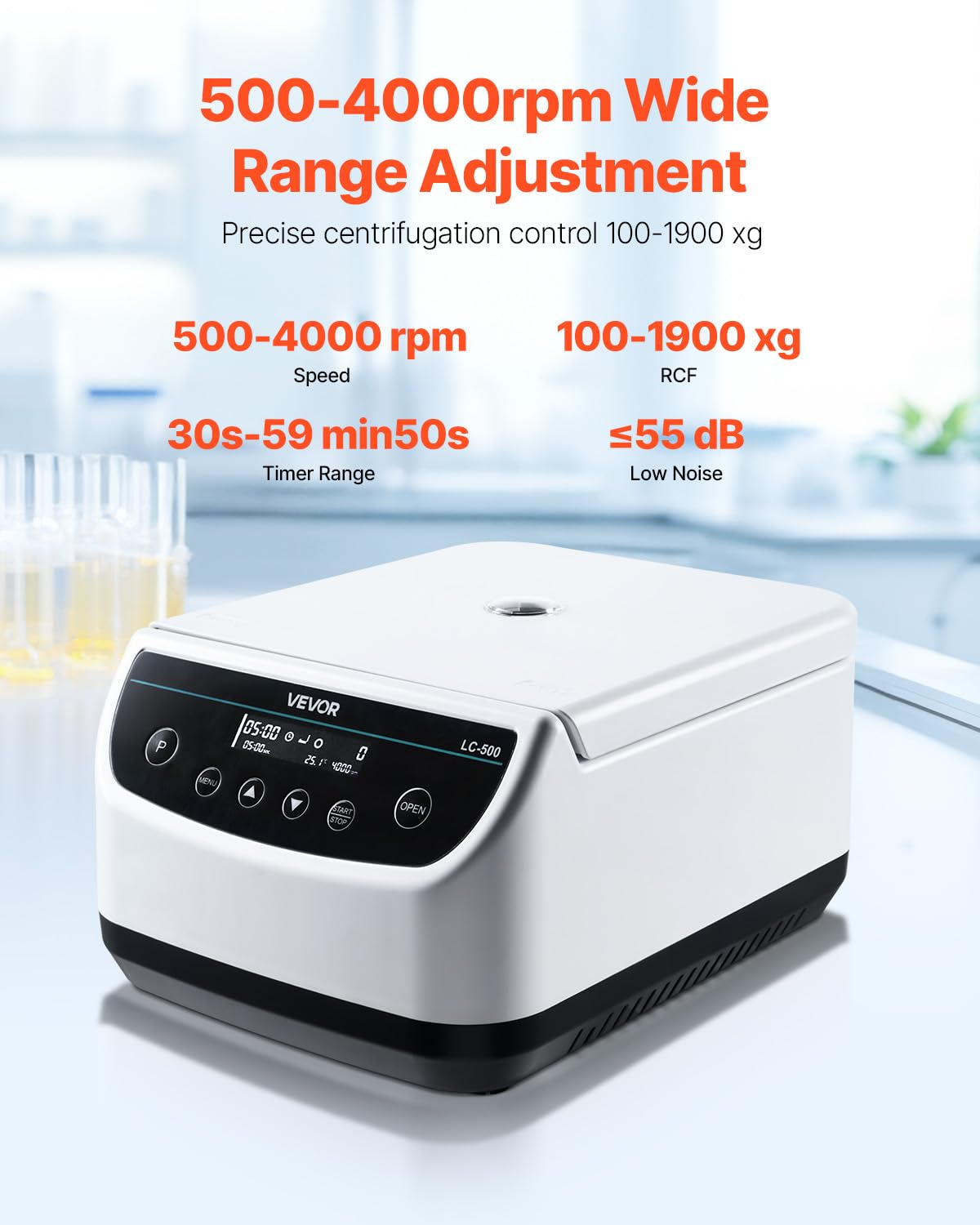 VEVOR Centrifuga da Laboratorio Elettrica 100-1900 xg RCF con Rotore per Provette da 2/5/10/15 ml, Velocità Regolabile da 500 a 4000 Giri/min, Bassa Rumorosità per Esperimenti di Laboratorio