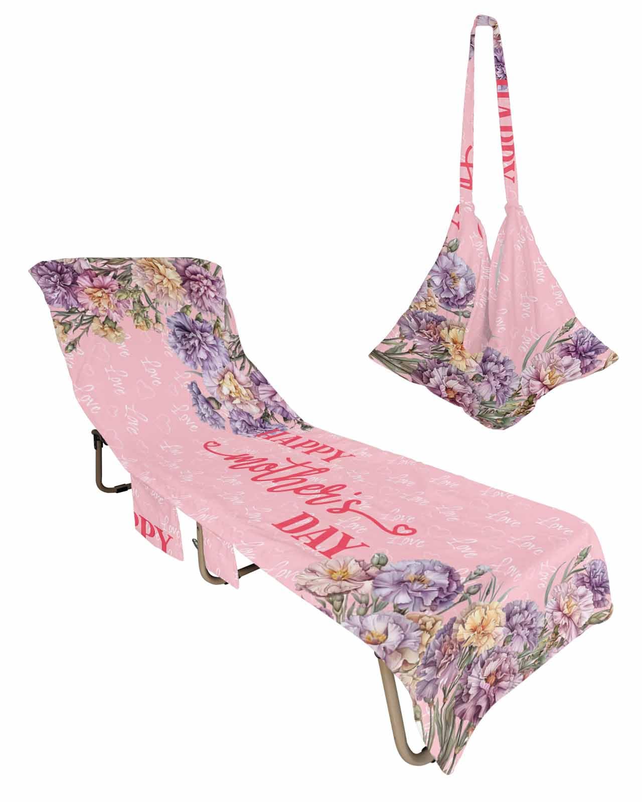Happy Mother's Day Beach Lounge Chair Towel Cover, Soft Chaise Lounge Towel with Side Pockets Patio Pool Chairs Cover for Beach/Pool Sunbathing 29x85 Pink Love Heart Purple Spring Floral