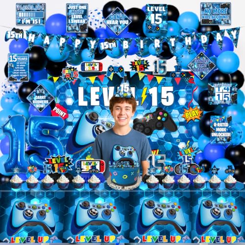 15th Birthday Decorations for Boys, Blue Video Game level 15 Party Decor - image 6
