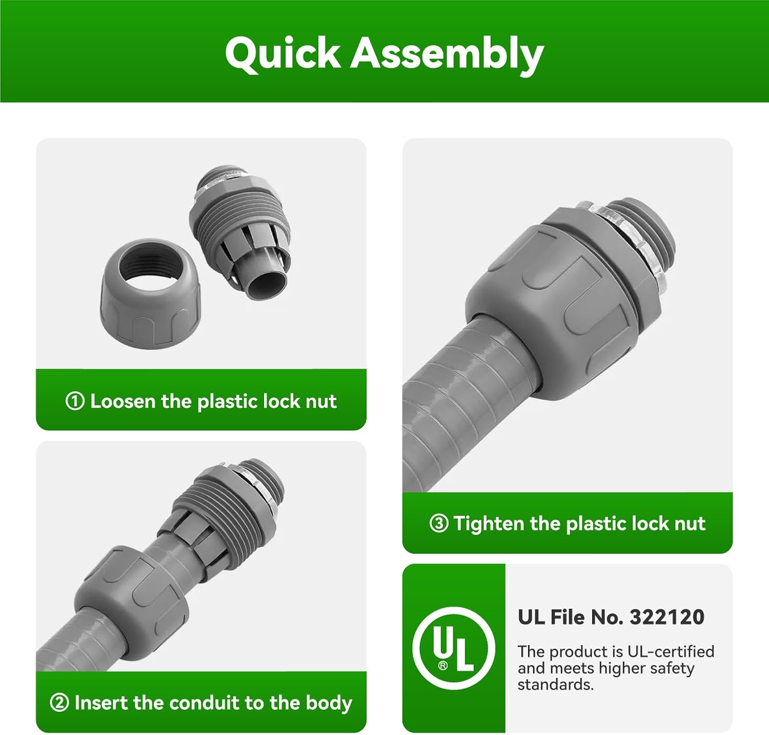 50 Foot Liquid-Tight Conduit Kit - 1/2inch Flexible Non Metallic Liquid Tight Electrical Conduit and 5 Straight and 4 Angle Fittings Included. 1/2" Dia