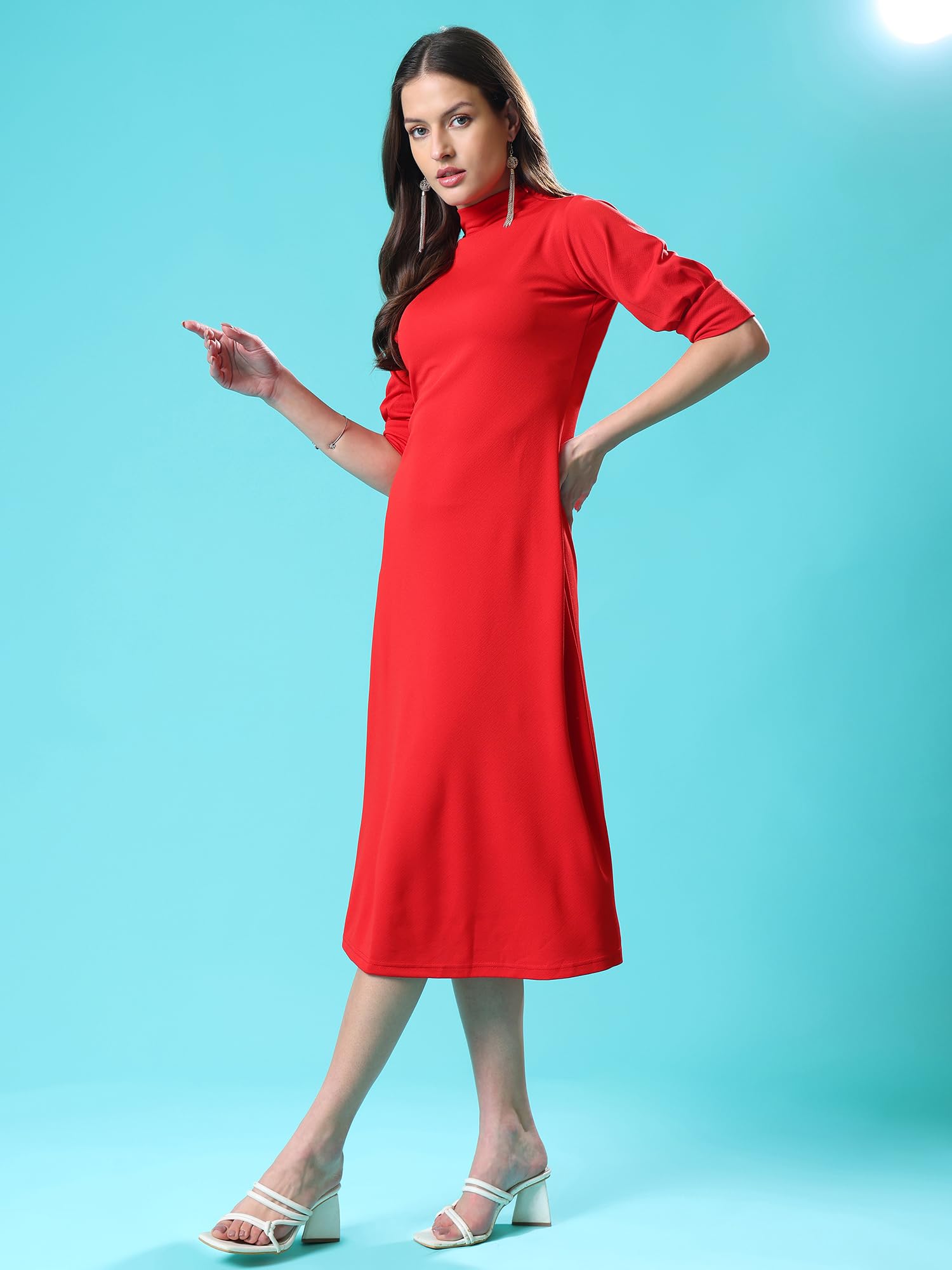 Purvaja Womens A-Line Knee Length Dress (Bely-127_Red_Small)