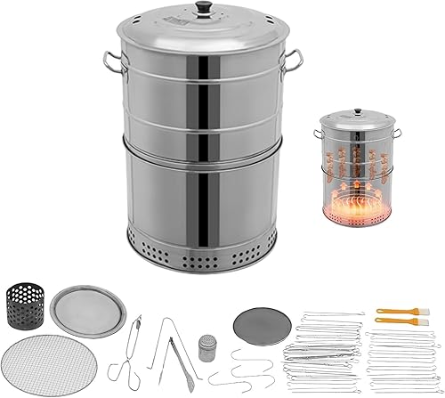 Parrillas de carbón portátiles grandes, parrilla de barbacoa de carbón inoxidable 360 sin humo al aire libre con 50 brochetas, parrilla para ahumar