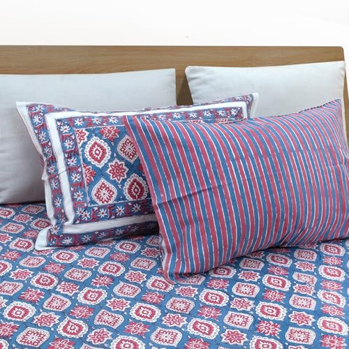Image of TOAI Hand Block Printed Bedsheet | Bed Spread Flatsheet Bed Sheet | Pure Cotton | Queen Size 90 inchx108 inch | 210 TC Luxury Cotton | 2 Reversible Pillow Covers |Spanish Villa