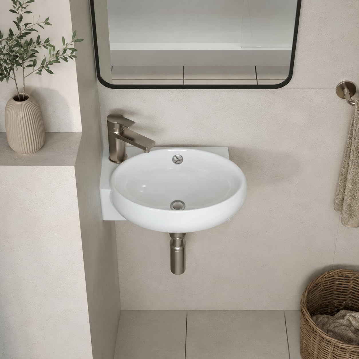 Compact Small Wall Hung Bathroom Corner Basin Sink, Gloss White Ceramic Wash Basin, Modern Space Saving Wall Mounted Sink for Small Bathrooms (Gloss White, Oval Left Hand (420x280mm))