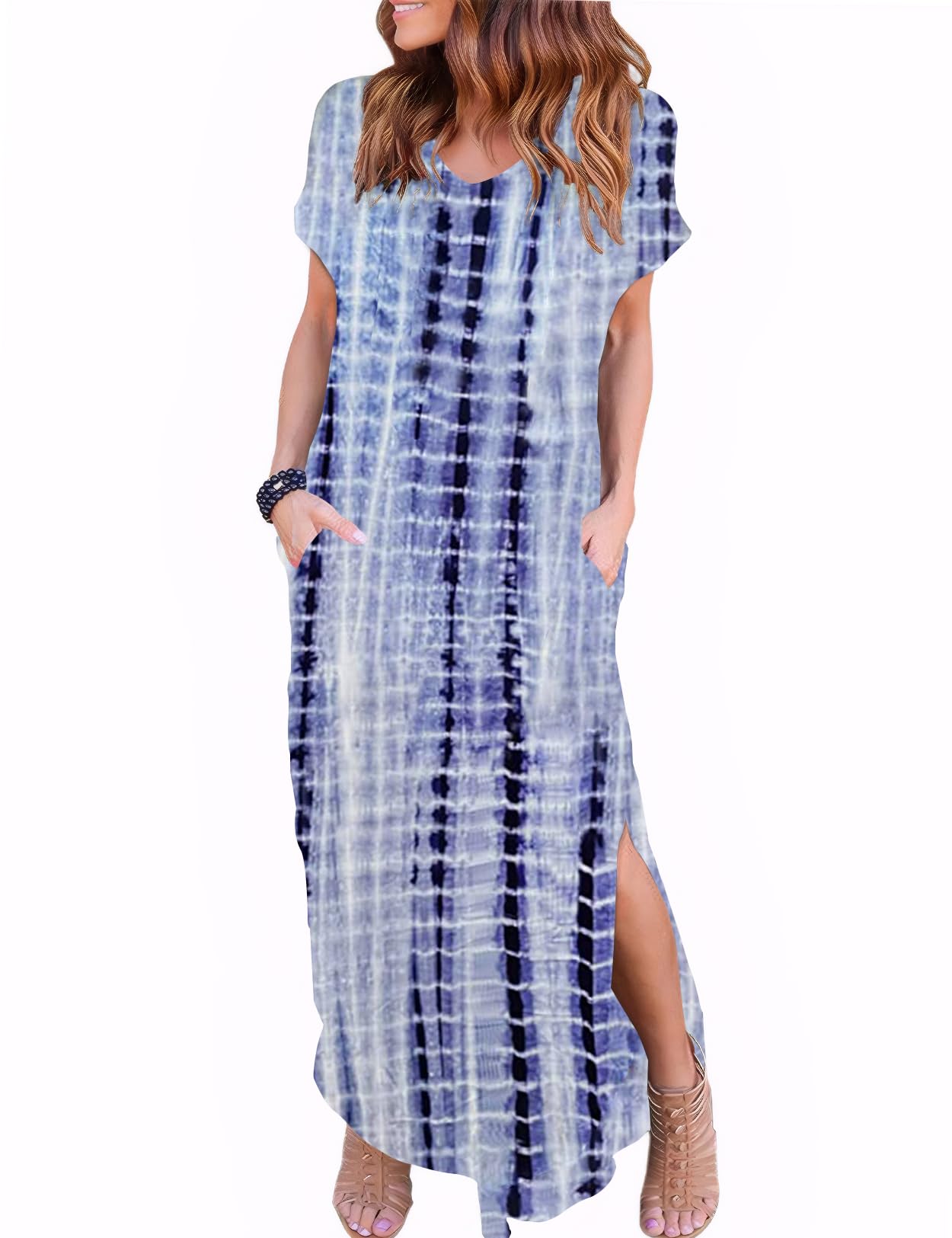 Zilcremo Women Summer Casual Maxi Dress Loose Pockets Short Sleeve Split  Boho Dresses Apricot