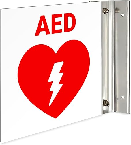 AED - Señal de proyección de desfibrilador externo automatizado, doble cara, 6 x 6 pulgadas, ACM, con accesorio de níquel cepillado, fabricado en