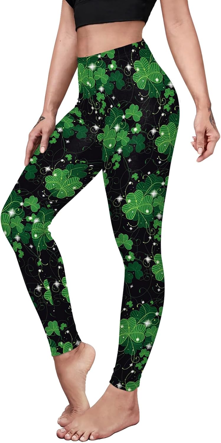 Eciodci Women's St. Patrick's Day Leggings Shamrock 3D Printed Irish Green Clover Leaves High Waist Tight Pants for Women
