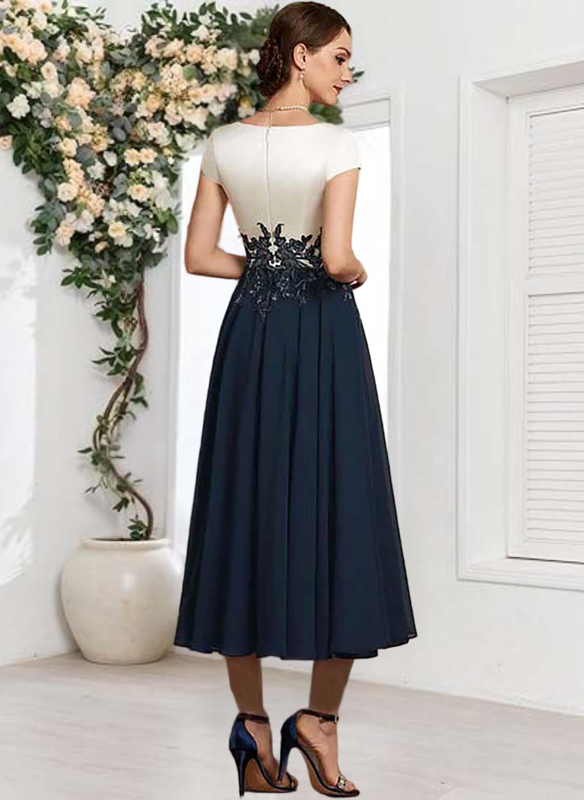 HUINI Damen Brautmutterkleider für Hochzeit Tee Länge V-Ausschnitt Chiffon Applikationen Spitze Hochzeitsgastenkleid formelles Abendkleid Elegant Für Hochzeit