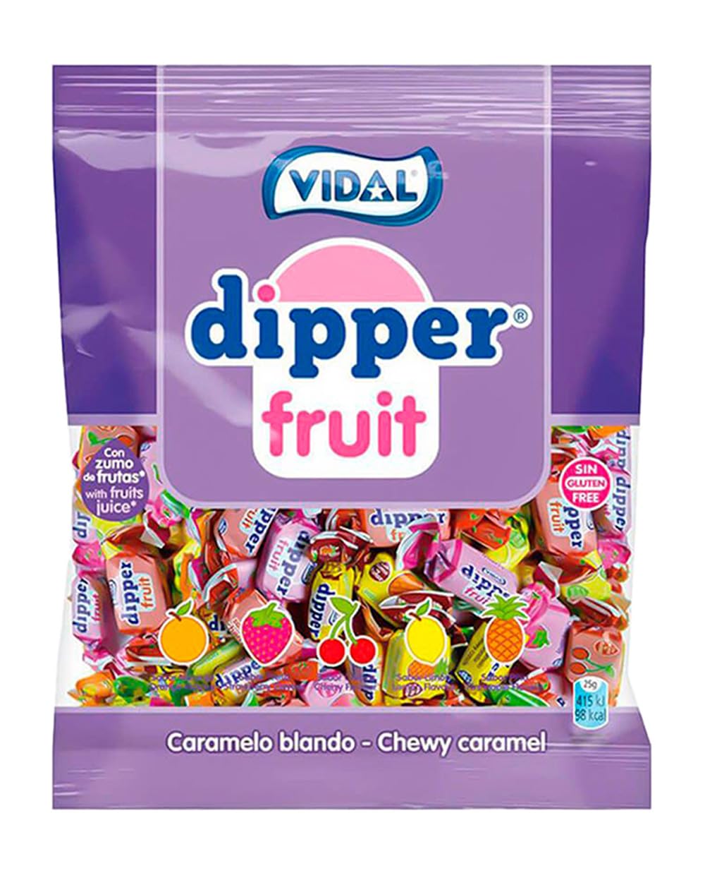 Dipper Vidal Golosinas Dipper Fruit. Caramelo blando masticable con zumo de frutas. Sabores frutales: piña, limón, naranja, fresa y cereza. Bolsa de 1kg.