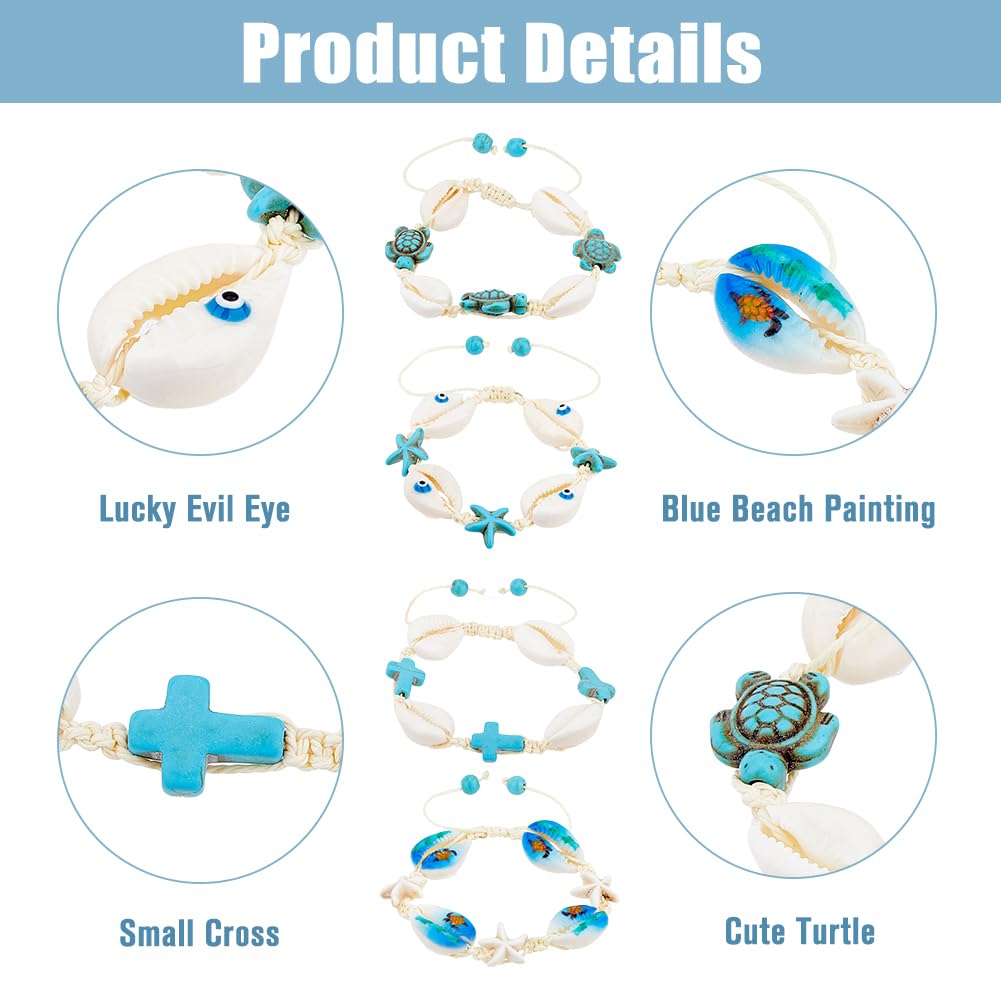 SUPERFINDINGS 4 estilos de pulseras de concha natural, 4 unidades, pulseras de conchas marinas tejidas a mano, pulseras ajustables de estrella de mar, pulseras de tobillo de mal de ojo, pulseras de