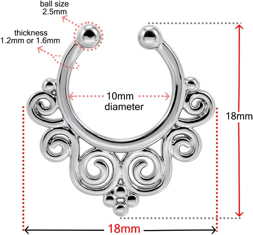 Tribal Floral with Flower Dots Design Stainless Steel Hoop Clip on Fake Septum Nose Rings Non Piercing Lip Ear Ring Faux Body Piercing Jewelry