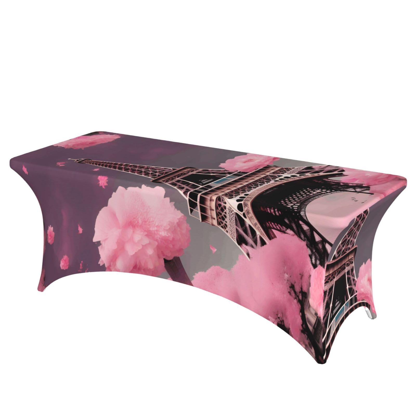 NImongt Paris Street Eiffel Tower Pink Floral Print Elastic Rectangular Tablecloth Holidays Family Banquet Wedding Party Table Cover