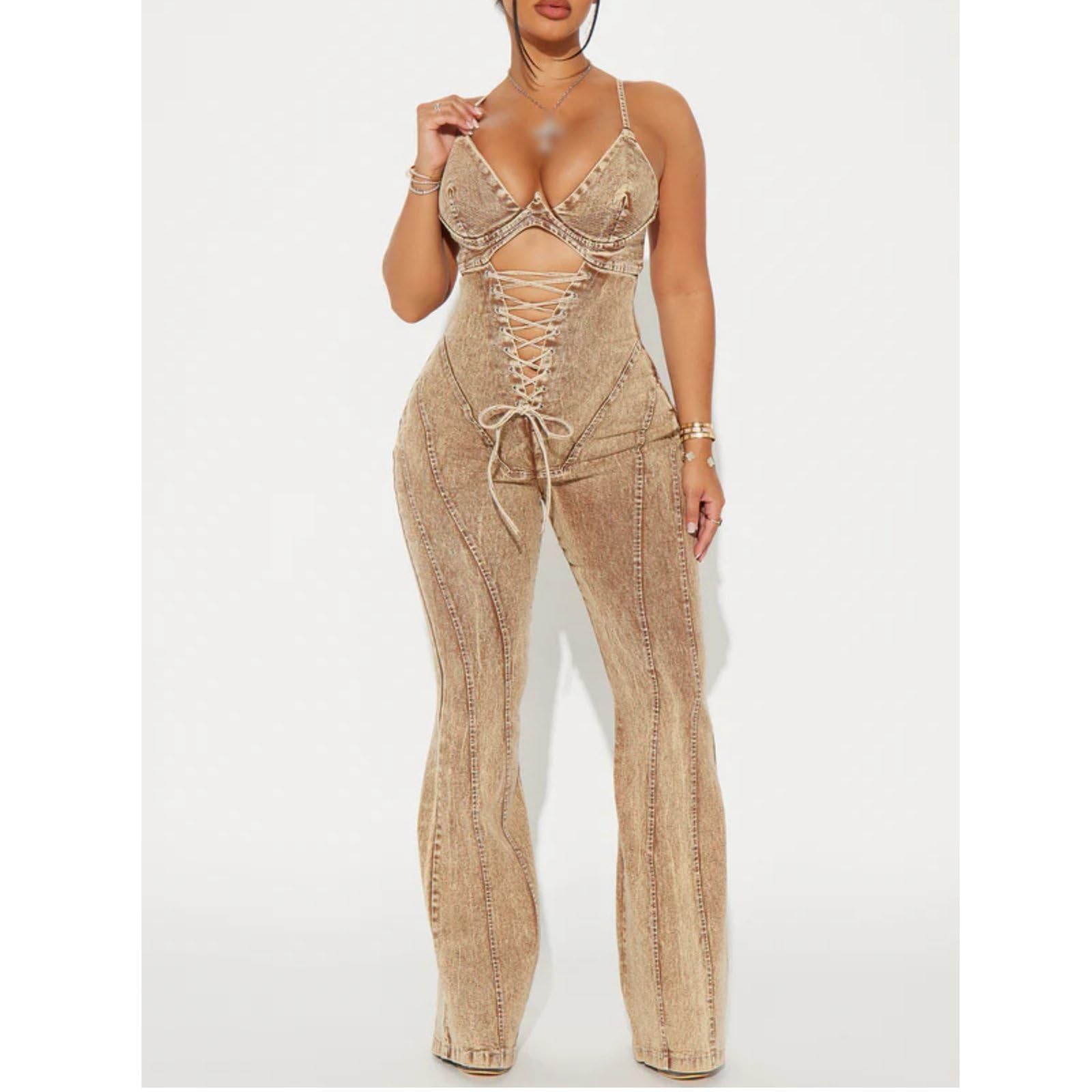 Damskie ramiączka spaghetti Dekolt w serek Dżinsy Pajacyki Hollow Out Bez rękawów Slim Fit Retro Kombinezon