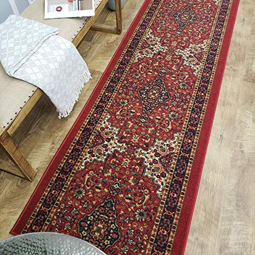 Maxy Home Custom Size Hallway Runner Rug - 22 In X 8 Feet - Price Drops By Size - Rubber Backed Non Slip Red Persian - Choose Width X Length #TOP2