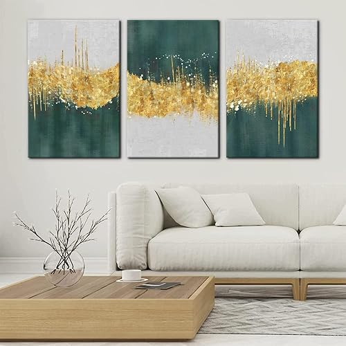 Miniatura 2 de Pacimo Lienzo decorativo para pared, cuadros geométricos dorados y verdes, trazos, formas abstractas, ilustraciones, impresiones sobre lienzo, 3