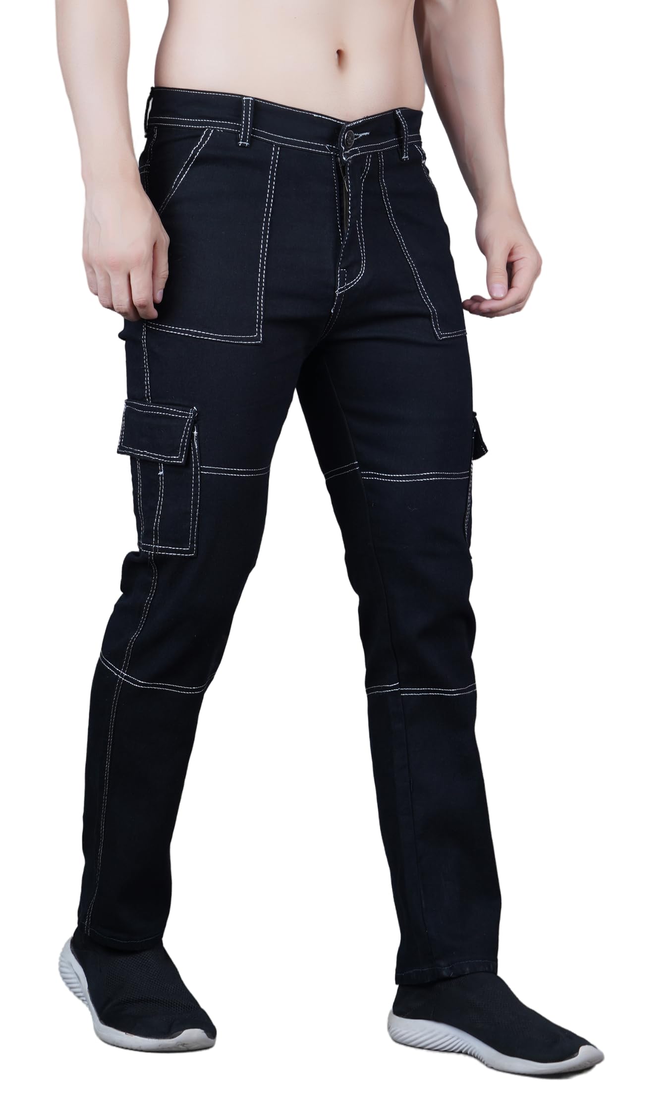 comfits Men's Regular Fit Cargo Jeans, Black with White Contrast Stitching, Multi-Pocket Design-picture-40