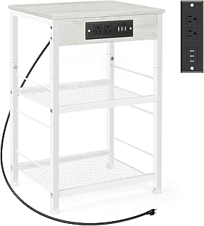 White Nightstand with Charging Station 3 Tier Small End Table with Storage Shelf Modern Farmhouse Bed Side Table with USB Ports and Outlets for Small Space Living Room Bedroom
