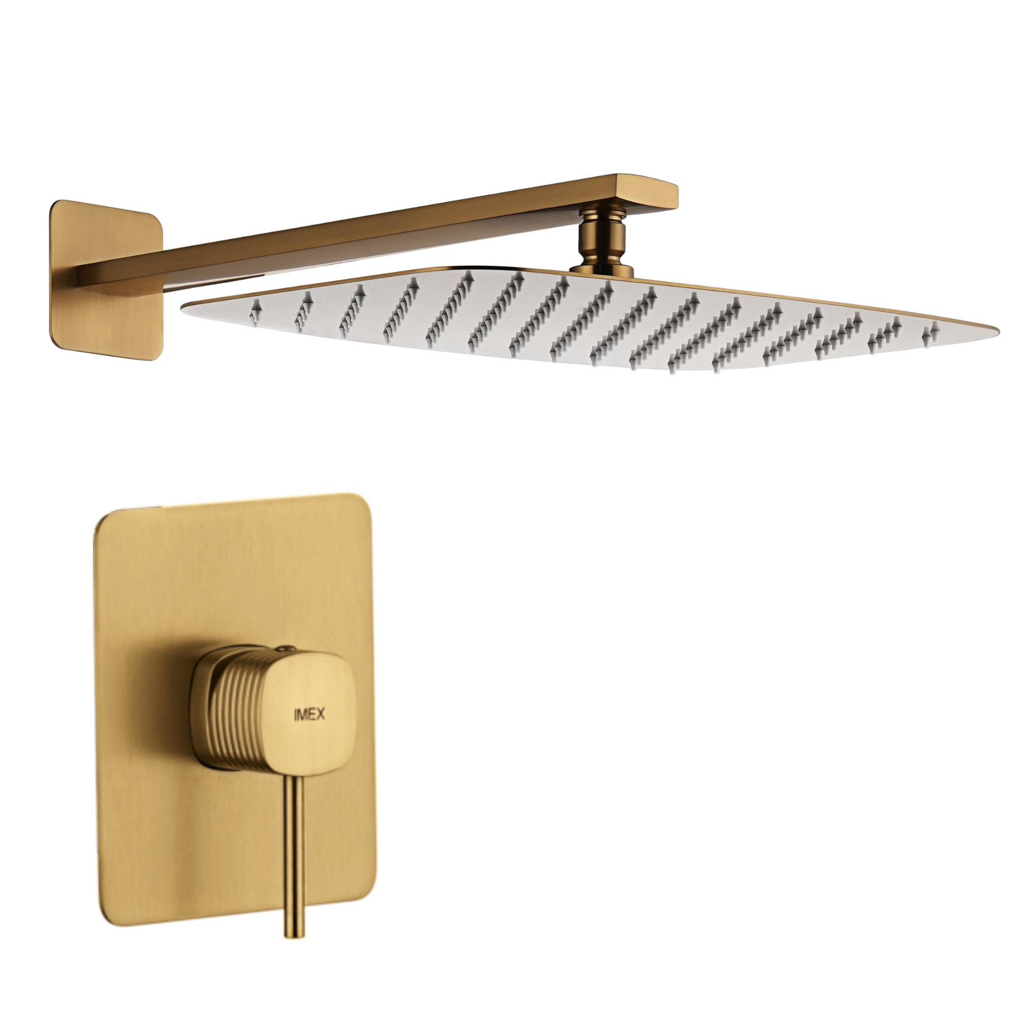 IMEX - Ducha Empotrada Oro Monomando | Conjunto de Grifería Empotrado con Rociador Antical Efecto Lluvia Dorada | Columna Ducha Empotrada con Grifo en Latón y Acero Inox S.304 (SIN ALCACHOFA)