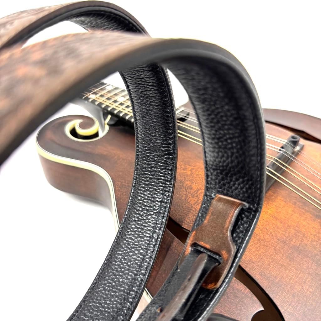 Walker And Williams M-20-BRN Bourbon Brown Leather Premium Padded Mandolin Strap With Celtic Chain Design, For Mandola, Bouzouki or Ukulele. For F And A Type Mandolins