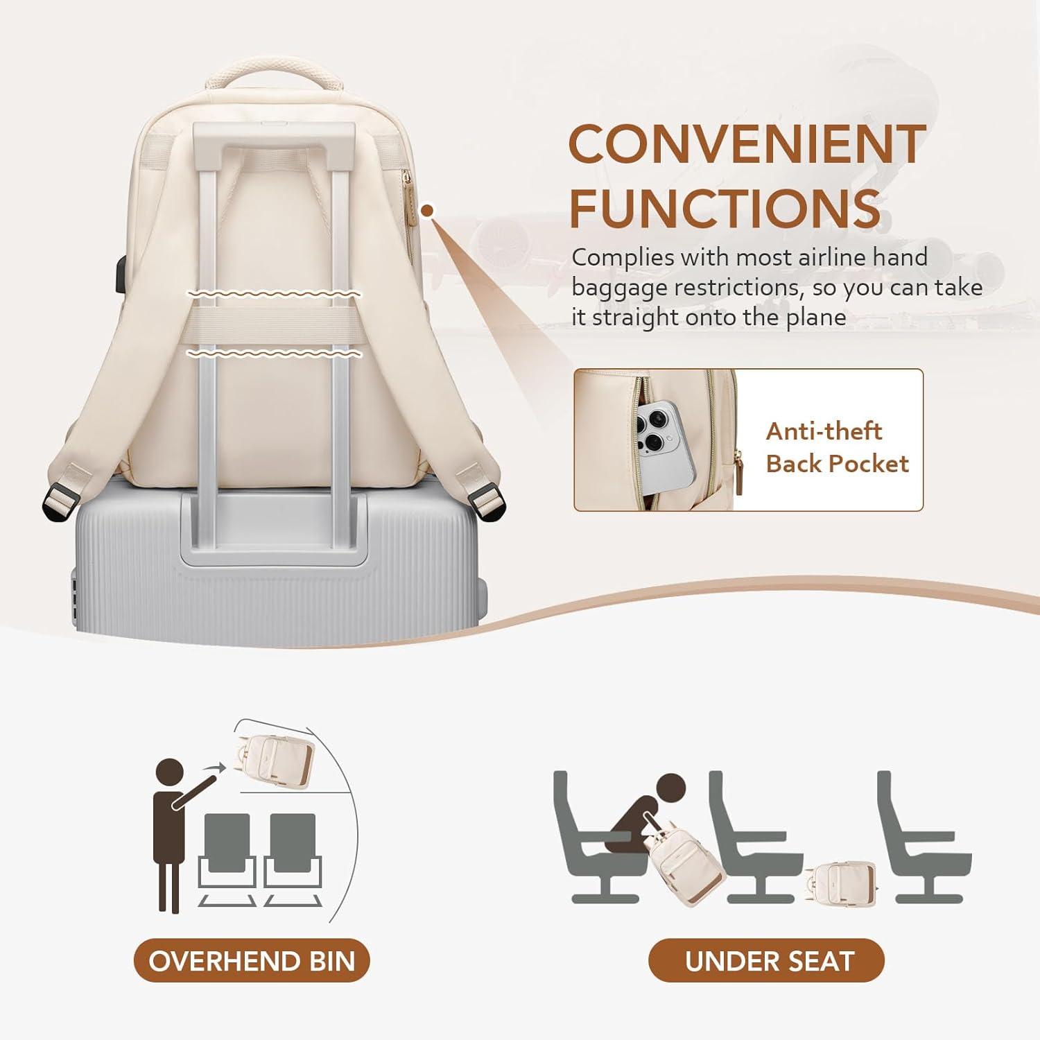 Laptop Backpack for Women,Travel Backpack with Laptop Compartment,Casual Daypack College Bookbag Computer Work Backpack,Beige