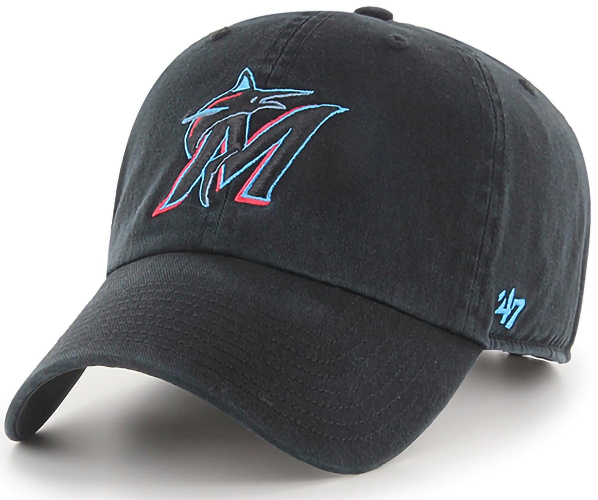 47 Brand MLB Team Color Home Primary Logo Clean Up Adjustable Baseball Cap Hat, Adult One Size Fits All, Miami Marlins, One size