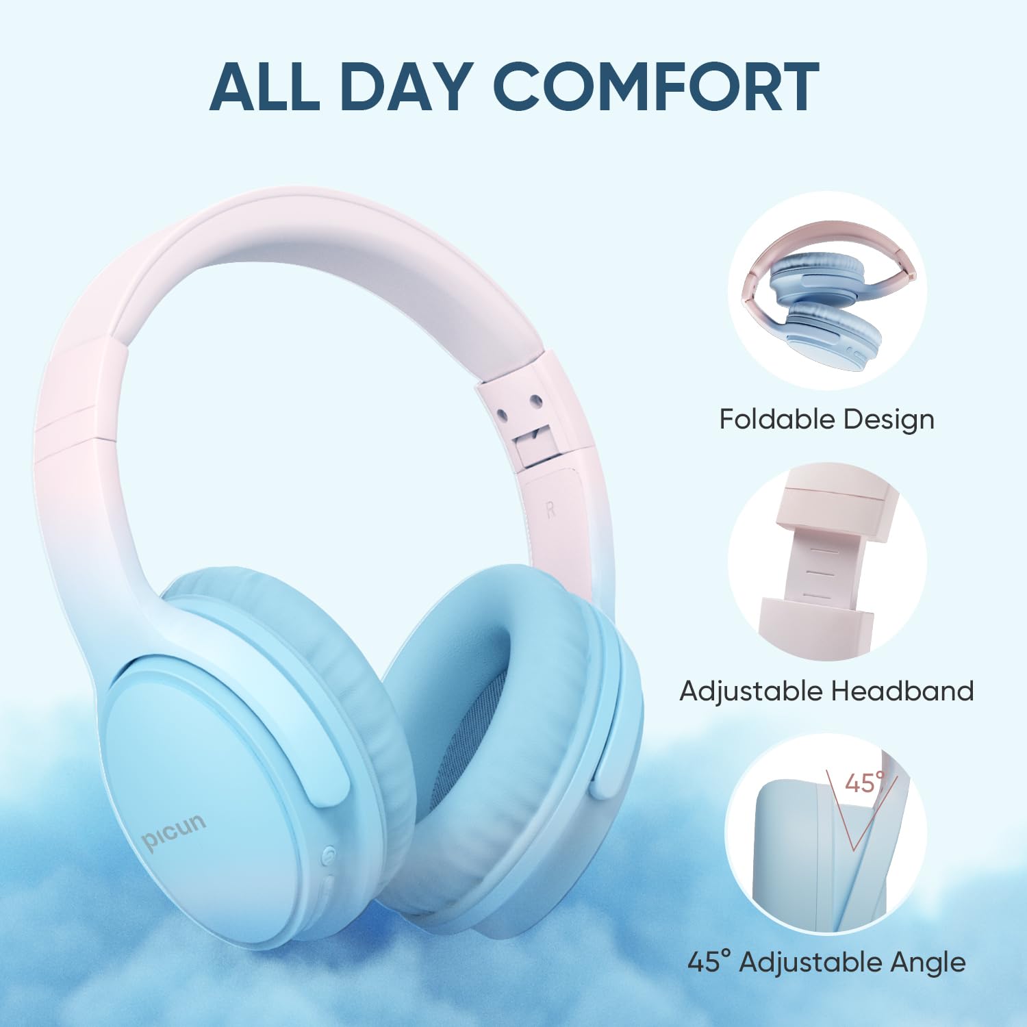 Jassco Cuffie wireless Bluetooth over ear con microfono, audio Hi-Fi, 60 ore di riproduzione, controllo touch, pieghevoli, leggere, cuffie on-ear per ragazze e donne, viaggi, lavoro, blu