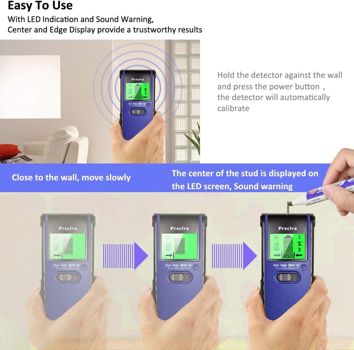 Stud Finder, Preciva Wall Scanner Sensor -4 in 1 Multifunctional Wall Detector with Digital LCD Display and Sounding Warning for Studs, Wood, Metal, and AC Wires Detection(9V Battery Included).