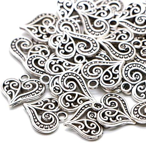 WSSROGY 30 Pcs Silver Filigree Heart Charms Mixed Pendants Charms for Crafting Smooth Tibetan Silver Bulk Charms DIY for Jewelry Making