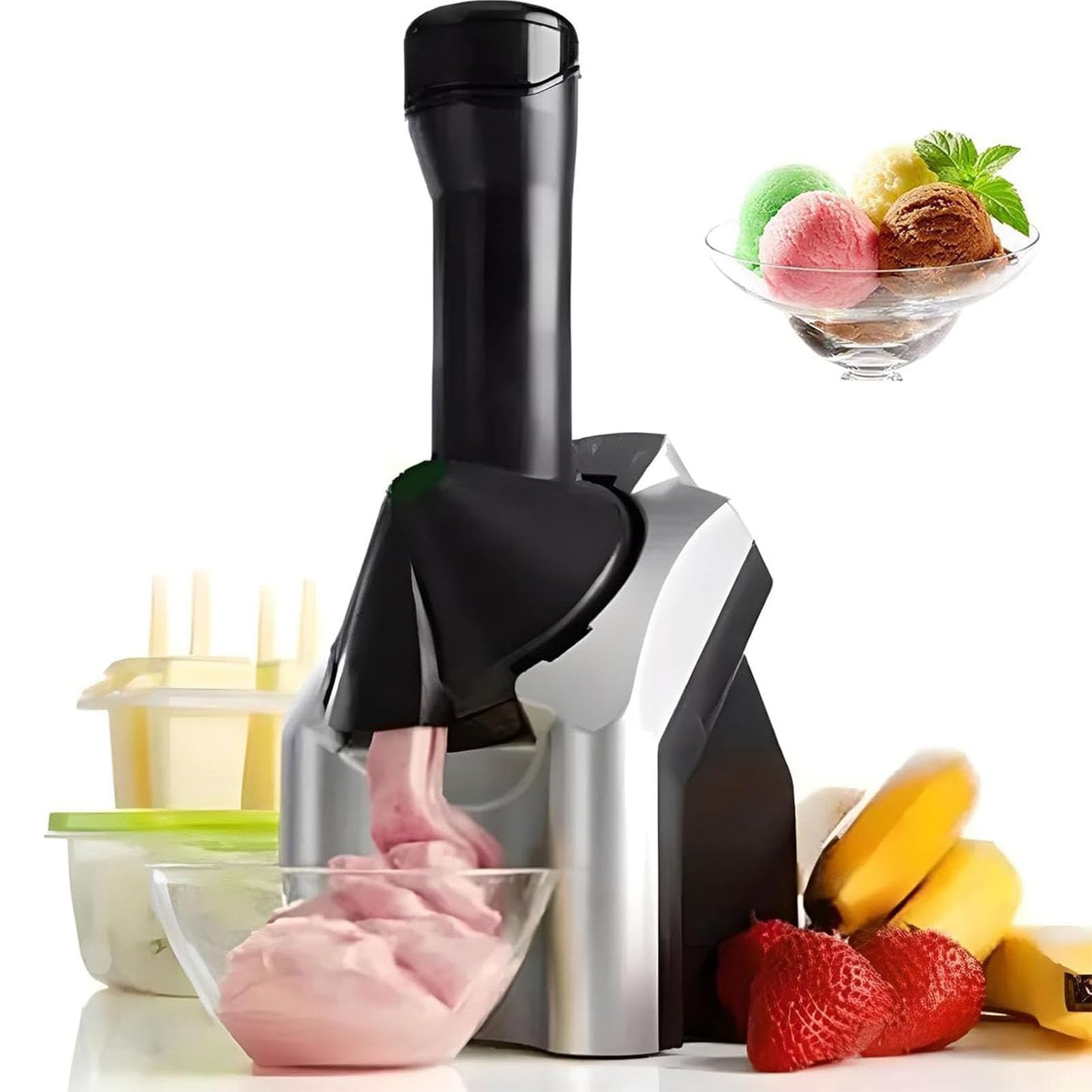 Machine à Glace Pour Desserts Santé Aux Fruits Surgelés - Sorbetière électrique Pour Sorbets Véganes, Yaourts Glacés Et Sherbets - Nettoyage Facile, Sans Bpa - Parfaite Pour Les Desserts Sans black